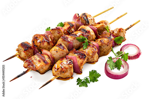 Grilled chicken skewers with peanut sauce and red onion on a transparent background