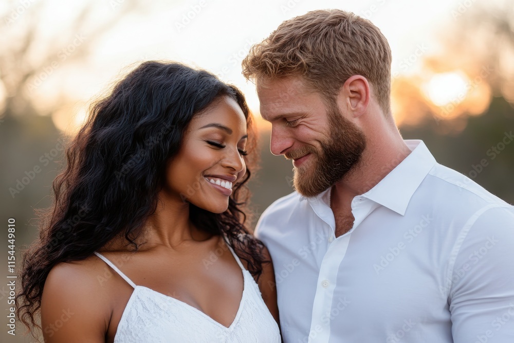A charming couple shares a moment of laughter and love during sunset, radiating joy and happiness in their expressions, captured against a stunning natural backdrop. A charming couple shares a moment of laughter and love during sunset, radiating joy and happiness in their expressions, captured against a stunning natural backdrop.