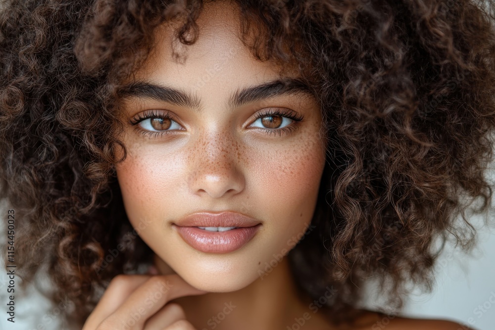 This close-up captures the radiant beauty of a young model with curly hair, showcasing her charm and facial features against a softly blurred background. This close-up captures the radiant beauty of a young model with curly hair, showcasing her charm and facial features against a softly blurred background.
