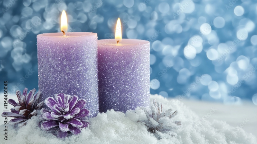 Two lavender candles lit, snow, pine cones, bokeh. Two lavender candles lit, snow, pine cones, bokeh.