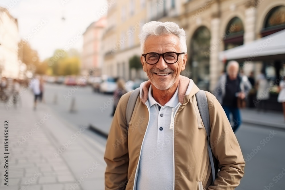 Portrait of smiling senior man in eyeglasses on city street Portrait of smiling senior man in eyeglasses on city street