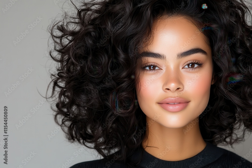 This portrait showcases a stunning young woman with voluminous curly hair, radiant skin, and a gentle smile, embodying beauty and confidence in a minimalist setting. This portrait showcases a stunning young woman with voluminous curly hair, radiant skin, and a gentle smile, embodying beauty and confidence in a minimalist setting.