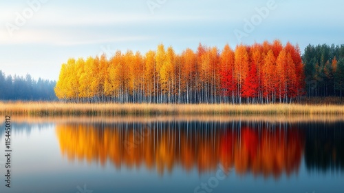   A pond encircl'd by woods,.Whose tops bear orange-yellow hues,.And bottom mirrors this splendor anew photo