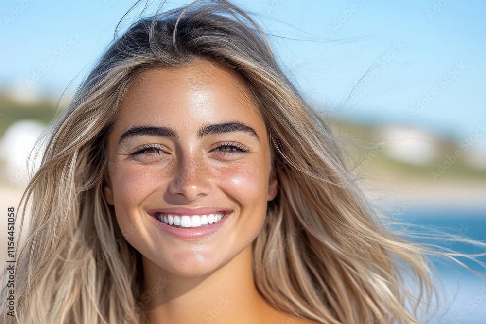 A vibrant image of a smiling woman with sun-kissed skin and flowing hair at the beach captures the essence of joy and carefree summer vibes, radiating positivity. A vibrant image of a smiling woman with sun-kissed skin and flowing hair at the beach captures the essence of joy and carefree summer vibes, radiating positivity.