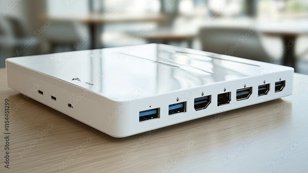 Sleek white computer dock on a light wooden table in a cafe. Sleek white computer dock on a light wooden table in a cafe.