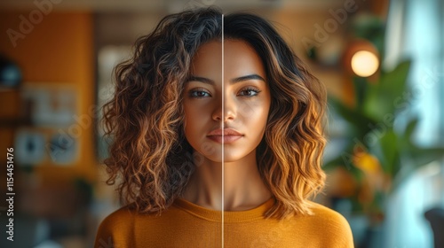 A split-image portrait showcasing contrasting facial features and hairstyle symmetry, provoking thoughts on identity and diversity through visual impact. photo