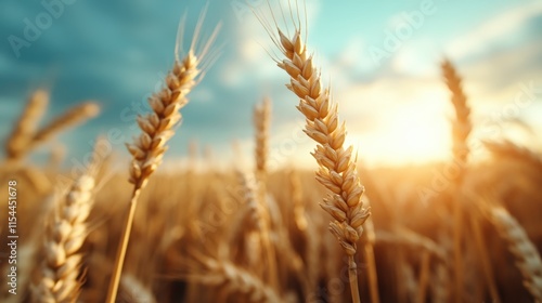 Inspiring close-up of golden wheat stalks swaying gently under the warm rays of a setting sun, representing fertility, prosperity, and the timeless cycle of life. photo