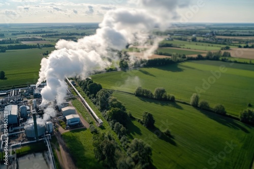 Wallpaper Mural An expansive view of an industrial complex surrounded by vibrant green fields, showcasing the contrast between technology and nature, highlighting environmental concerns. Torontodigital.ca