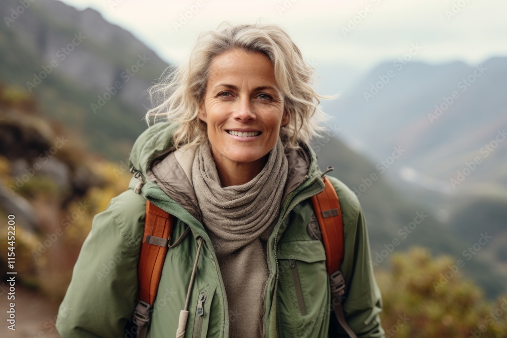 Portrait of smiling senior woman with backpack looking at camera in mountains Portrait of smiling senior woman with backpack looking at camera in mountains