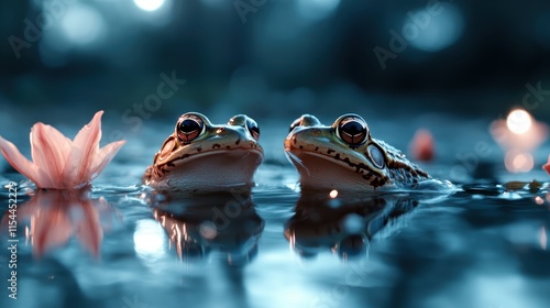 Two curious frogs peek above the water surface beside a delicate pink flower in gentle lighting, illustrating a serene and intimate encounter in a calm setting. photo