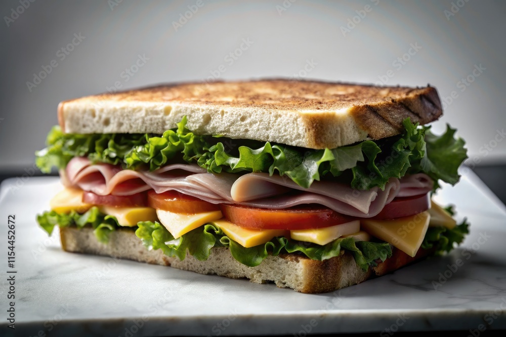Golden-toasted bread cradles savory ham, melted cheese, crisp lettuce, and juicy tomato. Golden-toasted bread cradles savory ham, melted cheese, crisp lettuce, and juicy tomato.