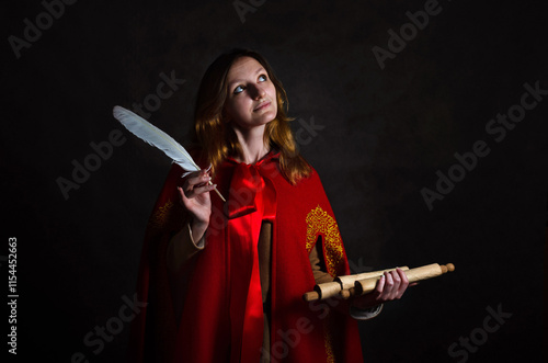 The Crimson Alchemist's Thoughtful Pose with Scroll