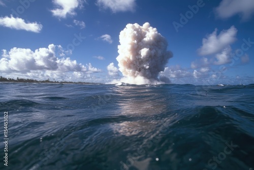 A dynamic explosion formed by clouds over the ocean horizon presents a striking image, highlighting the unpredictable beauty of nature in a moment of captivating tension. photo