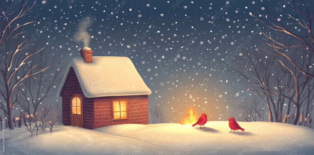 Fototapeta premium Cozy Winter Cottage Snow Birds Firelight Scene