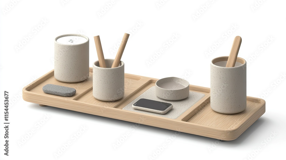 Naklejka premium Wooden tray with containers, candle, and phone.