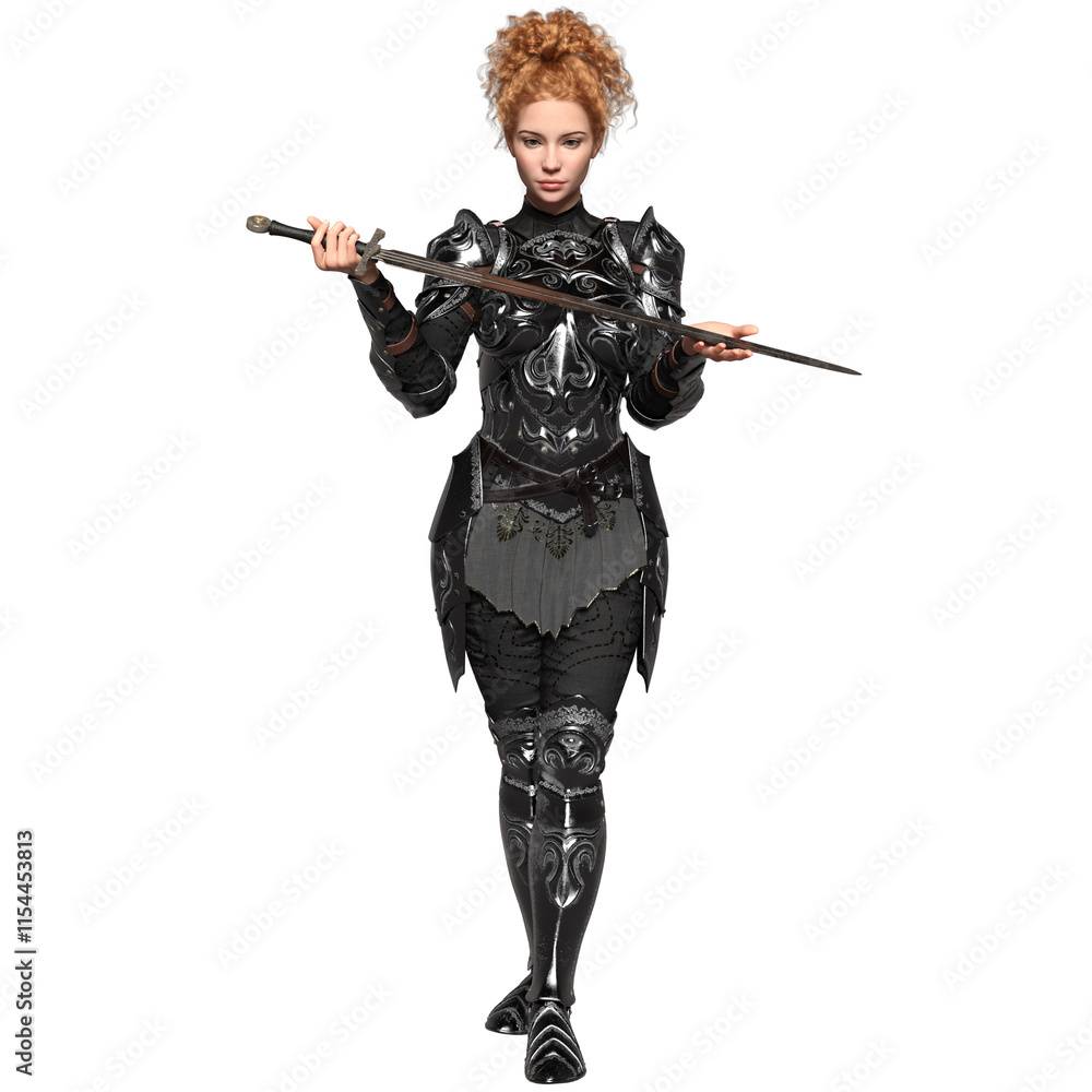 3D rendered female fantasy character with a dark armor and a sword isolated on transparent background 3D rendered female fantasy character with a dark armor and a sword isolated on transparent background