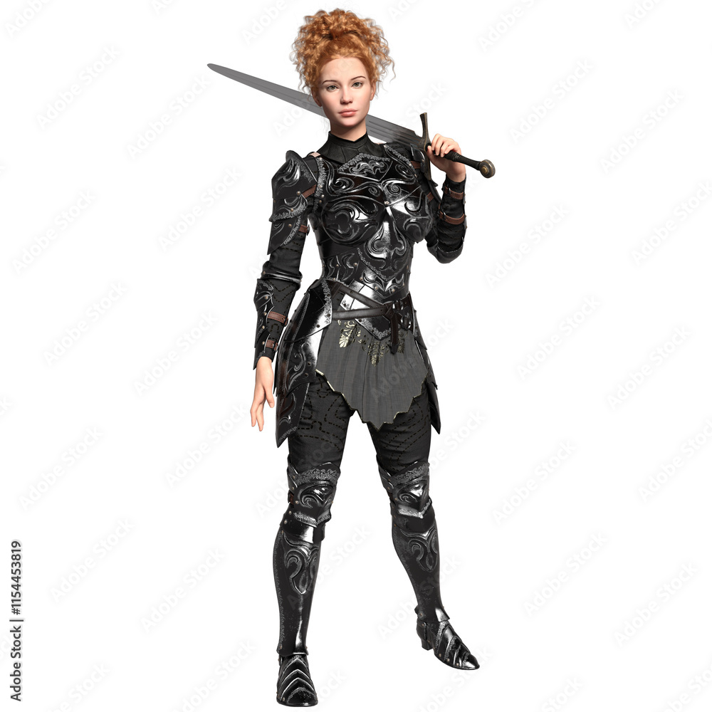 3D rendered female fantasy character with a dark armor and a sword isolated on transparent background 3D rendered female fantasy character with a dark armor and a sword isolated on transparent background