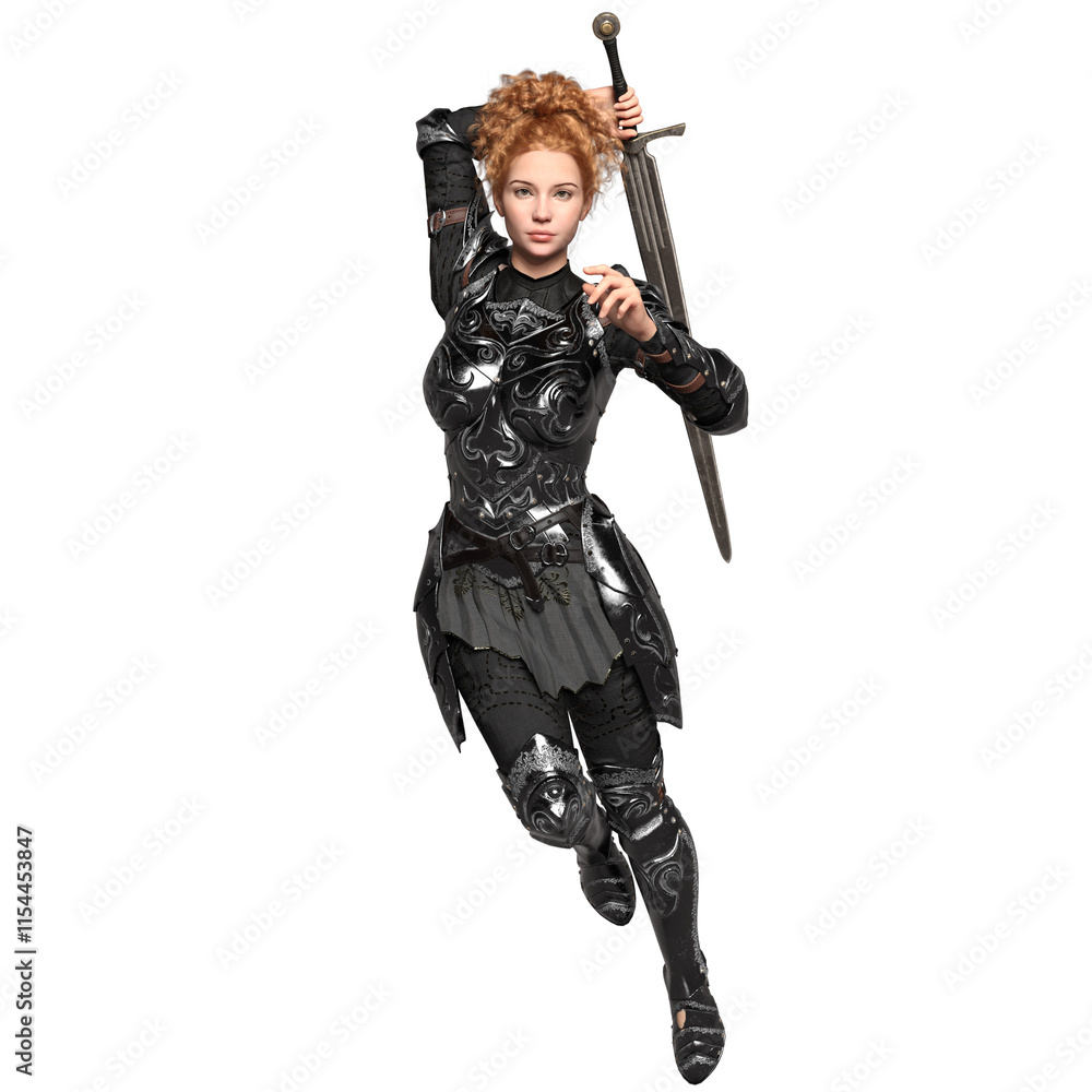3D rendered female fantasy character with a dark armor and a sword isolated on transparent background 3D rendered female fantasy character with a dark armor and a sword isolated on transparent background