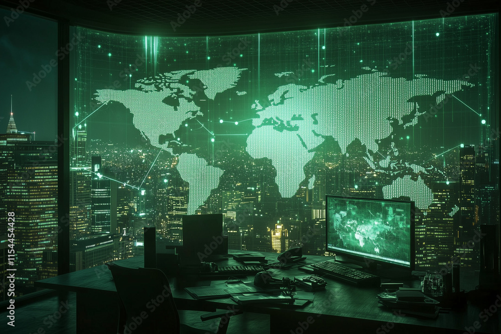 Obraz premium A global business concept with a glowing world map projection in a high-tech corporate office, symbolizing worldwide connectivity and growth with copy space. Cool futuristic light.