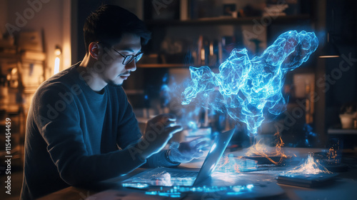 Game Developer Projecting 3D Holographic Model of Game Character with Dynamic Animations from Laptop