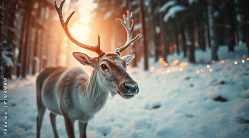 Fototapeta premium deer in the forest, deer in the woods with snow and Christmas lights in the background, festive vibes, holiday season, christmas time