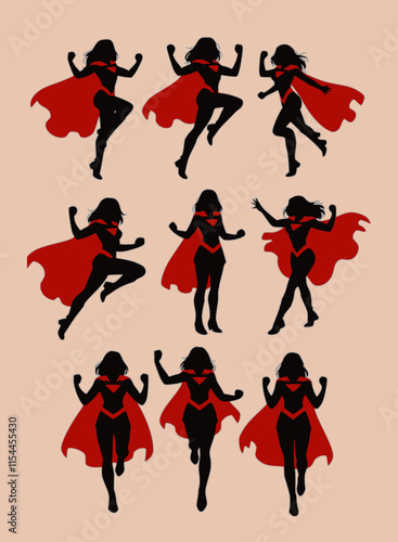 Set of female superhero in 9 different poses. No gradient used. with cape. You can place your company name and logo on their chest.