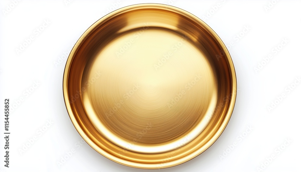 Top View Of An Empty Golden Metal Plate On A White Background, Featuring A Shiny And Luxurious Display Of Elegance. Top View Of An Empty Golden Metal Plate On A White Background, Featuring A Shiny And Luxurious Display Of Elegance.