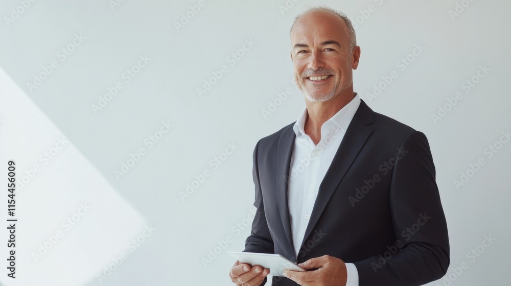 Confident Mature Businessman Holding Tablet, Portrait Shot Against White Background, Smiling, Successful Entrepreneur, Modern Office Confident Mature Businessman Holding Tablet, Portrait Shot Against White Background, Smiling, Successful Entrepreneur, Modern Office