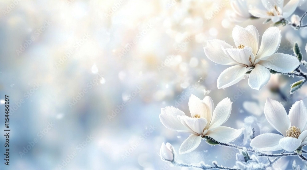White magnolia blossoms in snowy spring. White magnolia blossoms in snowy spring.