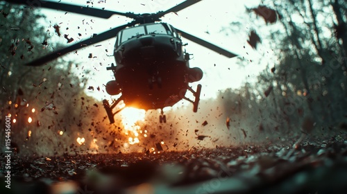 A helicopter approaches a landing amid swirling debris, backlit by a stunning sunset, creating a dramatic and dynamic scene with vibrant colors and motion. photo