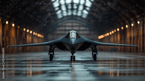 A stealthy aircraft rests impressively within a vast hangar, showcasing sleek aerodynamics and seamless design under soft, ambient lighting reflections. photo