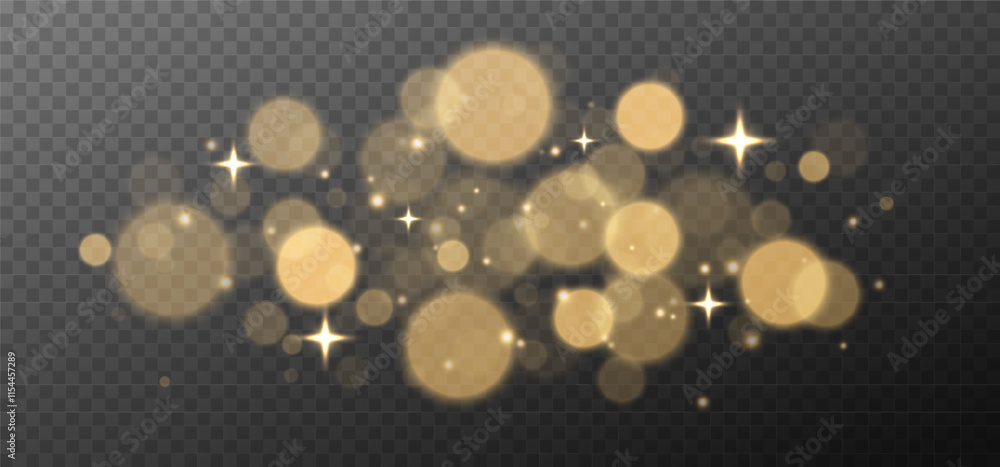 Glowing light effect, sparkling gold dust, abstract on transparent gold background, vector of bright shimmering stars , bokeh , Christmas background.