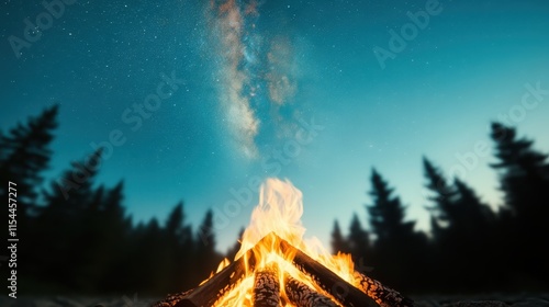 A captivating campfire scene beneath a vivid starry sky in a dense forest, with the Milky Way shimmering above, invoking wonder and introspective freedom. photo