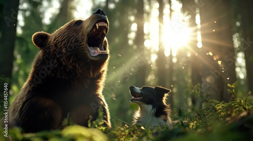 A majestic bear roars under sunlight while a small dog stands resiliently before it, embodying a timeless scene of strength and fearless confrontation in nature. photo