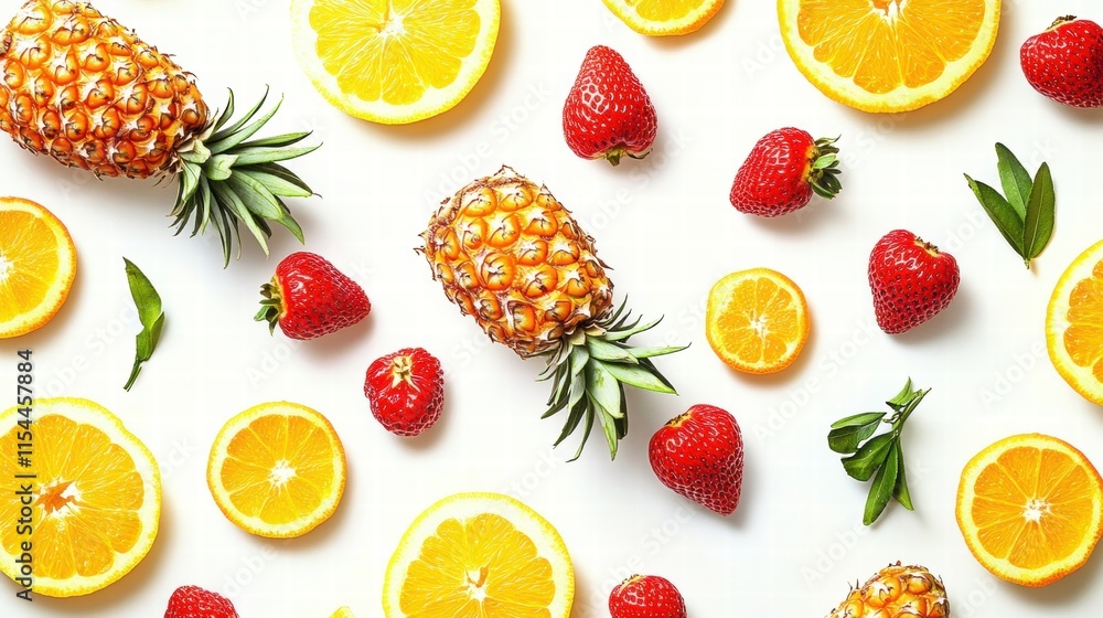 Vibrant pattern of tropical fruits featuring pineapples, strawberries, and oranges on a bright background. Generative AI Vibrant pattern of tropical fruits featuring pineapples, strawberries, and oranges on a bright background. Generative AI