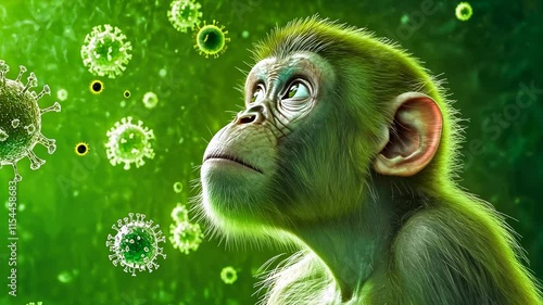 A young monkey looks thoughtfully at floating viruses in a vivid green setting, representing a surreal blend of nature and health concerns. The mood evokes curiosity and awareness.