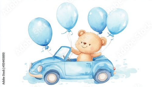 Adorable Teddy Bear Boy Riding On A Car With Blue Balloons; Hand-Drawn Watercolor Design For Baby Shower Or Cards With White Background photo