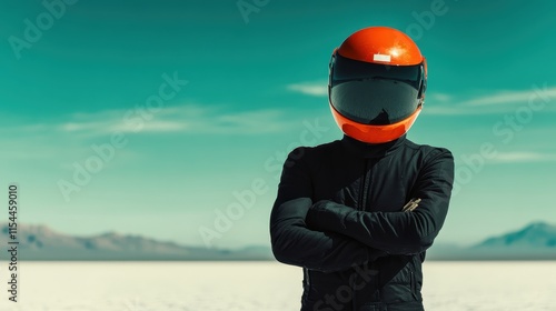 An individual wearing a striking orange helmet and black suit stands with arms crossed in an expansive desert setting, suggesting adventure and exploration. photo