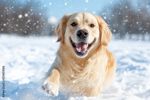 A joyful golden retriever bounds through the snow, capturing the essence of playfulness and companionship in a winter wonderland filled with snowflakes.