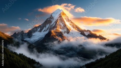 Wallpaper Mural A breathtaking view of a majestic snow-capped mountain peak illuminated by golden sunlight, with clouds swirling around its base, symbolizing grandeur and serenity. Torontodigital.ca