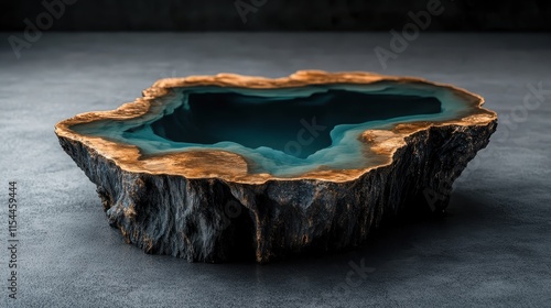 A captivating wood and resin sculpture with a mysterious teal interior, resembling a geological formation, displayed in a contemporary gallery setting. photo