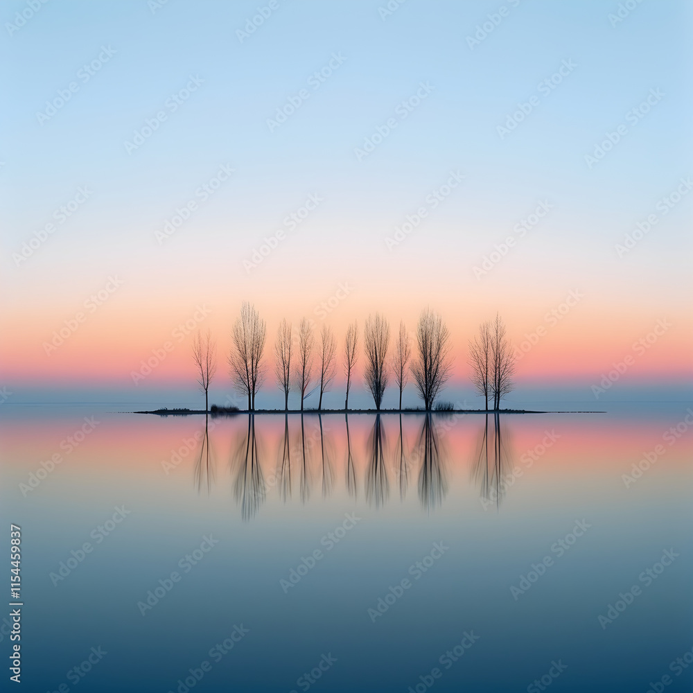 Serenity Unveiled: Tranquil Lake and Silhouetted Trees in the First Light of Dawn Serenity Unveiled: Tranquil Lake and Silhouetted Trees in the First Light of Dawn