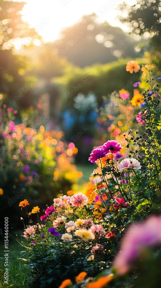 Obraz premium Peaceful Floral Scenery in a Vibrant Summer Garden at Sunrise : Generative AI