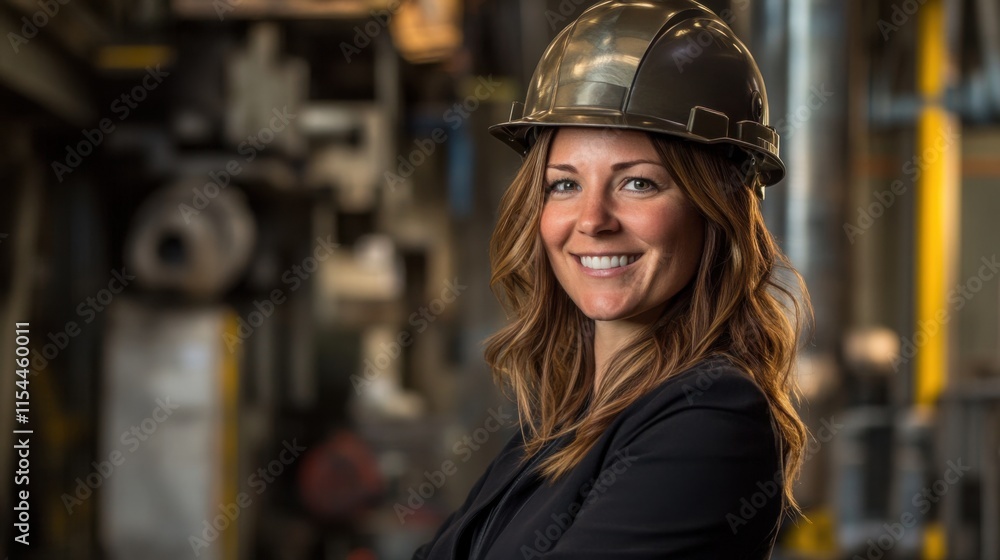 Confident Female Engineer in Industrial Setting A Portrait of a Woman in a Hard Hat, Working in a Factory Confident Female Engineer in Industrial Setting A Portrait of a Woman in a Hard Hat, Working in a Factory