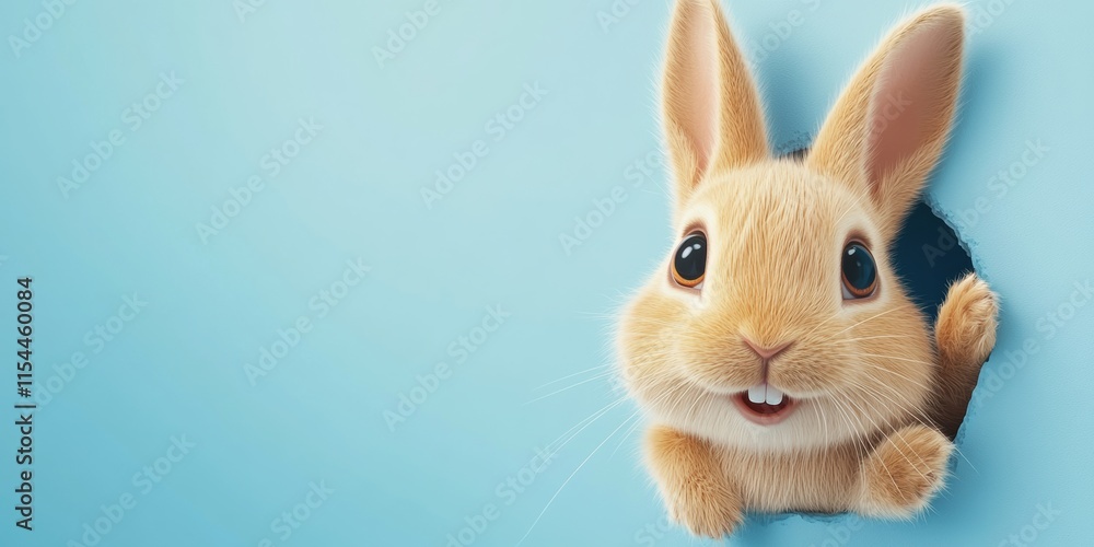 Fototapeta premium A cheerful and lively bunny peeks playfully through a vibrant blue background, embodying the joy and spirit of Easter celebrations with its bright smile and delightful, inviting presence
