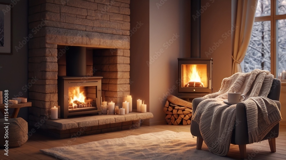 Fototapeta premium cozy and warm fireplace in the living room