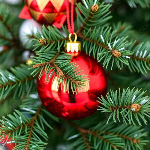 christmas tree with ball, Christmas  Top view of fir chirsmas tree with red bull decoration photo