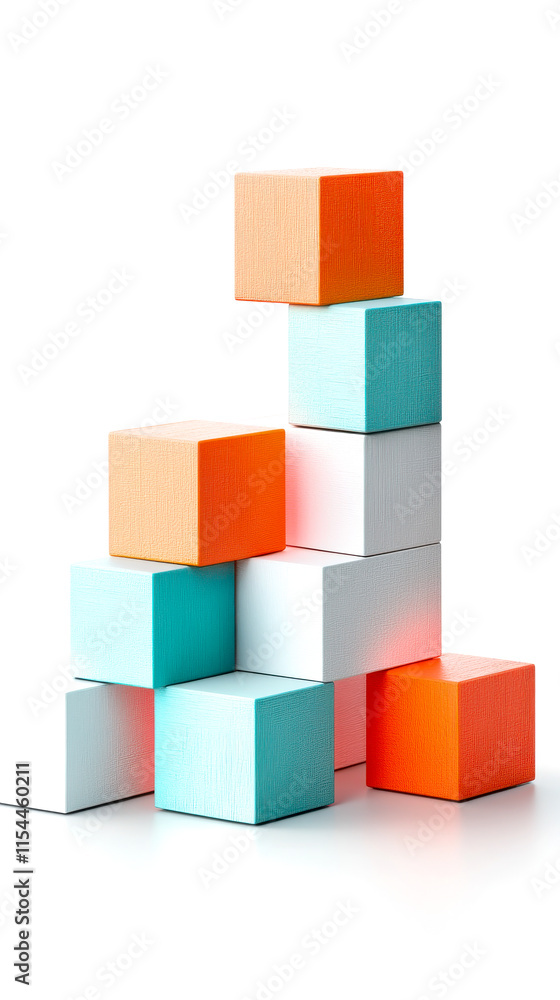 Obraz premium A colorful stack of wooden blocks arranged in a playful, geometric design, showcasing vibrant hues of orange, blue, and white.