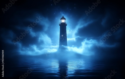 Lighted lighthouse in foggy night.