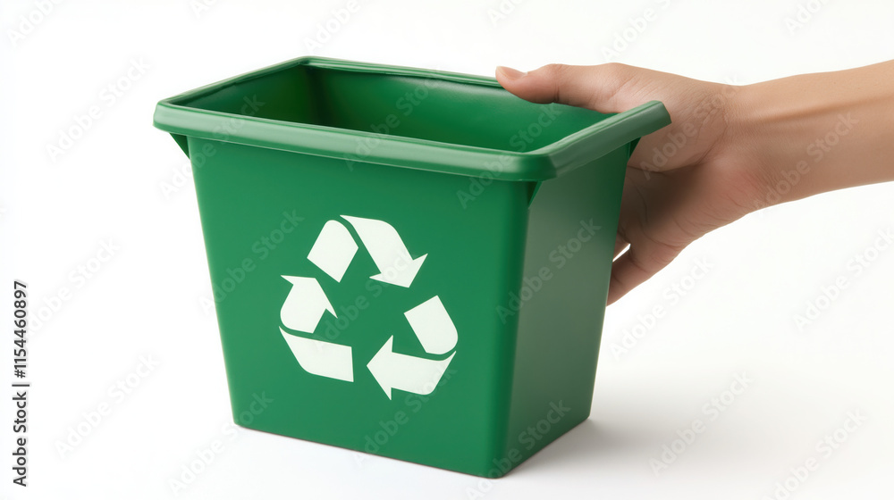 Hand Presenting a Model Recycling Bin with a Green Recycling Symbol, Representing Waste Reduction and Eco-Friendly Practices on a White Background Hand Presenting a Model Recycling Bin with a Green Recycling Symbol, Representing Waste Reduction and Eco-Friendly Practices on a White Background